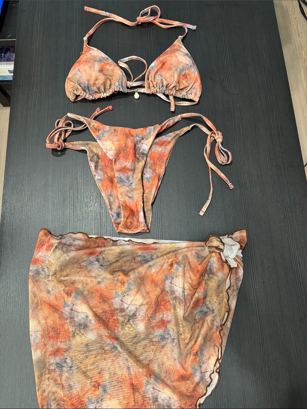 SHEIN Orange Multi Color Triangle Bikini Set with Skirt